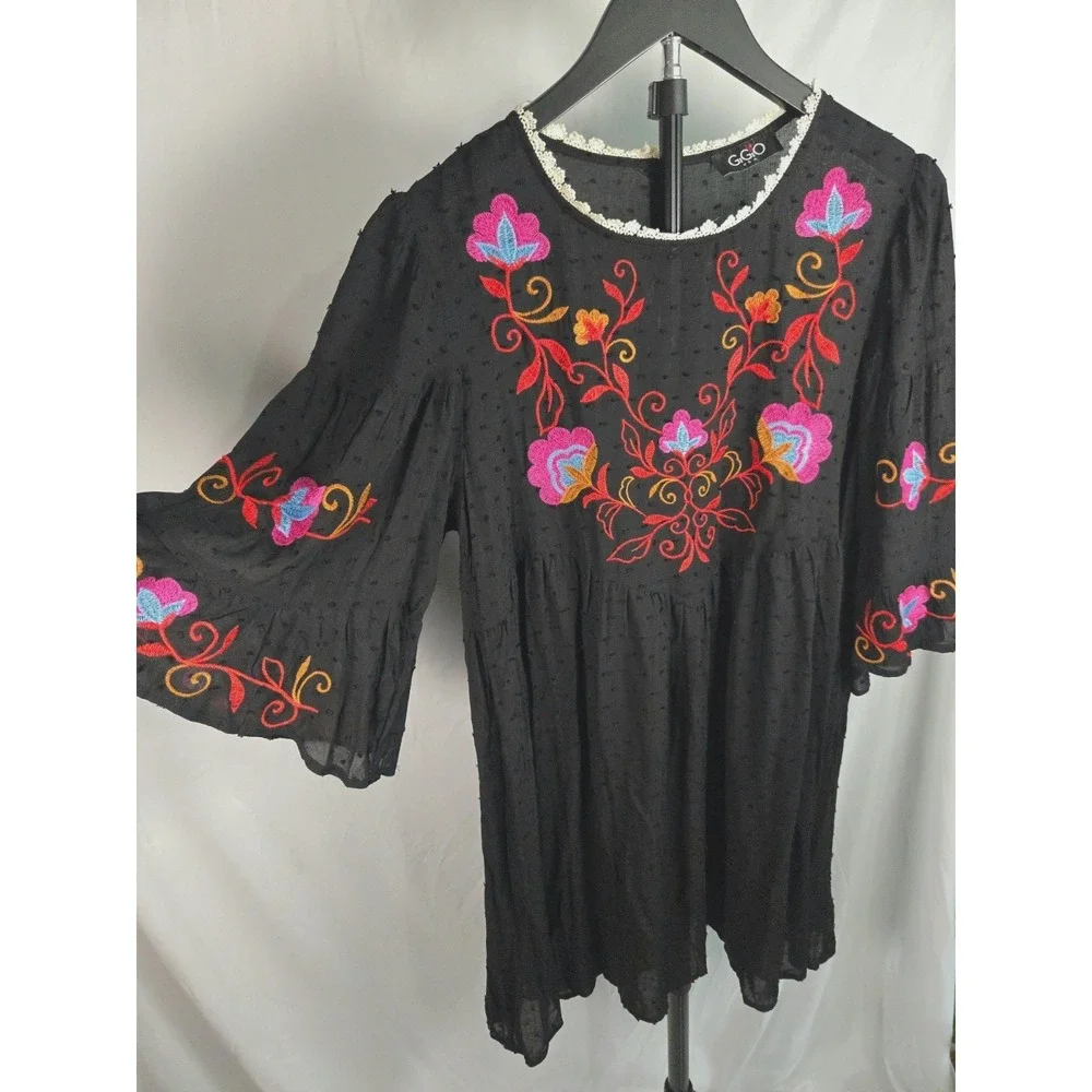 Black Floral Embroidered Babydoll Dress Bell Sz L Basque Waist Bell Sleeve Boho